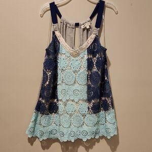 Lace Overlay Blue & Light Blue Tank Top
